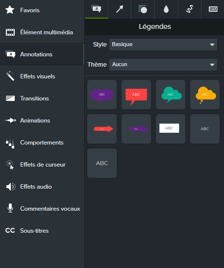 Capture des annotations et légendes disponibles sur Camtasia
