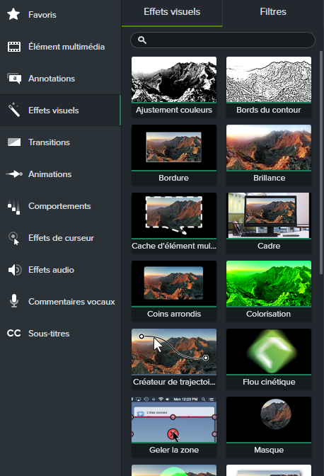 Capture des effets visuels disponibles sur Camtasia